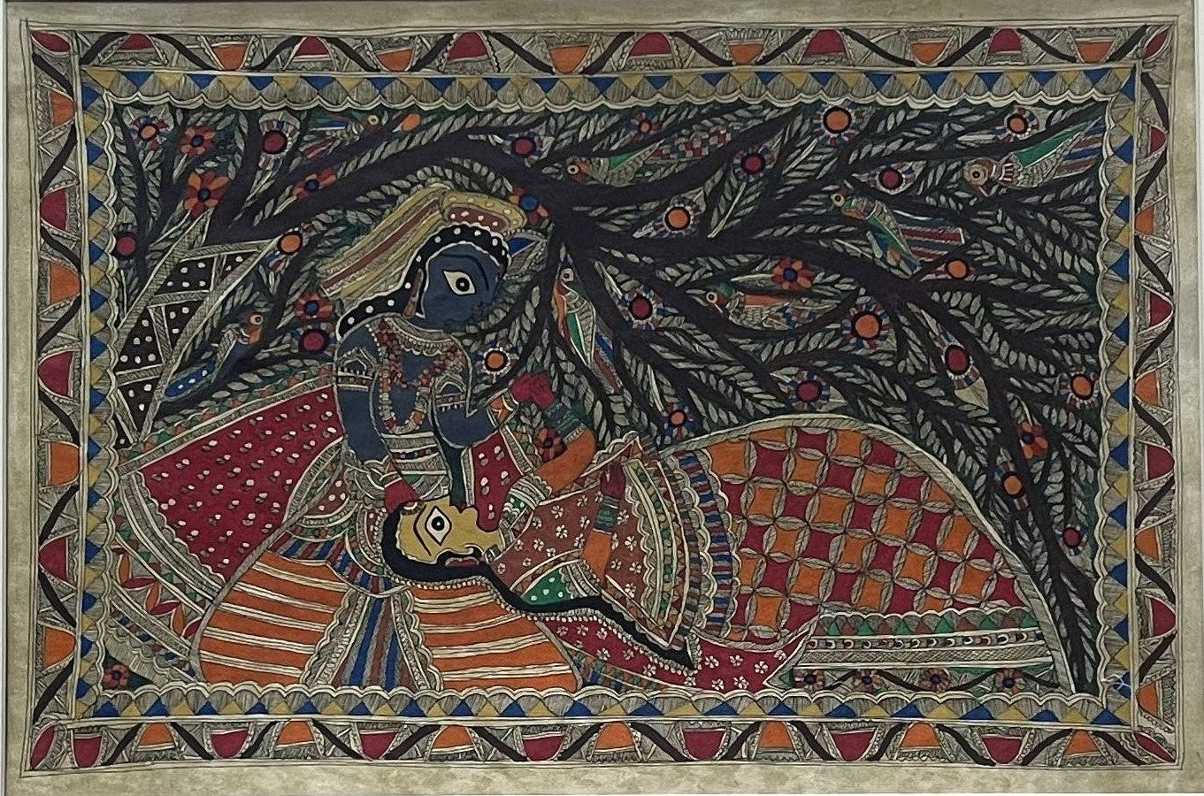 Handpainted Madhubani Art: Radha-Krishna under the Kadamba Tree
